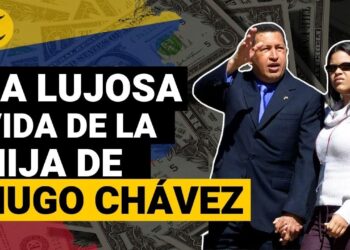 Imagen editorial con recortes de dos personas sobre fondo de billetes y texto La vida oculta de la familia de Hugo Chávez: secretos y lujos