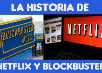 ¿Qué fue de Blockbuster? La historia del videoclub que se apagó: letrero clásico de Blockbuster frente a la pantalla de Netflix simbolizando el cambio al streaming