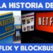¿Qué fue de Blockbuster? La historia del videoclub que se apagó: letrero clásico de Blockbuster frente a la pantalla de Netflix simbolizando el cambio al streaming