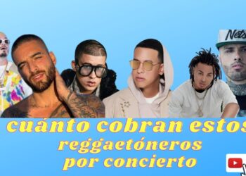 Collage de varios reggaetoneros sobre fondo azul con texto amarillo grande y botón de suscripción; ¿Cuánto cobra Scorpions por concierto? Descubre su tarifa actual