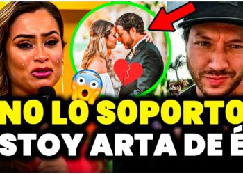 Presentadora con lágrimas y una pareja en postura de boda destacada en círculo, sugiriendo conflicto sentimental