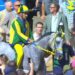 Jinete con traje amarillo y verde montado en un caballo gris entre una multitud en un evento al aire libre