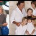 Pareja abrazada junto a un retrato familiar de padres con varios niños y logotipo de revista visible