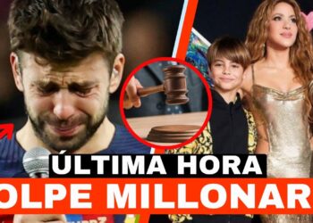 Imagen sensacionalista con un hombre emocionado al micrófono, una mujer con dos niños y un mazo judicial bajo un titular de golpe millonario