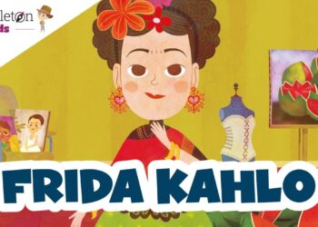 Ilustración colorida de una pintora mexicana con trenzas y flores en el cabello en su taller, rodeada de cuadros, un maniquí y sandías, evocando sus raíces y su lugar de inspiración.