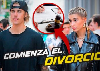 Pareja caminando por la calle con un recuadro de mazo judicial y documentos y el titular 'Comienza el divorcio' — Las parejas de Justin Bieber: amor, desamor y secretos revelados