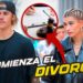 Pareja caminando por la calle con un recuadro de mazo judicial y documentos y el titular 'Comienza el divorcio' — Las parejas de Justin Bieber: amor, desamor y secretos revelados