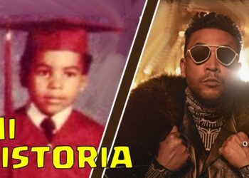 Imagen dividida con foto de graduación infantil a la izquierda y retrato contemporáneo de un artista con gafas de sol y abrigo a la derecha; no puedo identificar personas en imágenes.