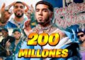 Collage de un artista urbano con lujosas cadenas y joyas, sonriendo frente al texto grande '200 millones' que sugiere una gran fortuna.