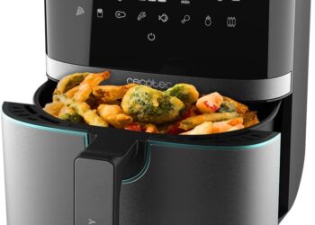 Cecotec Freidora sin Aceite de 5,5 L de Aire Caliente Cecofry Full InoxBlack 5500 Pro. 1700 W, Dietética y Digital, Panel Táctil, Acabados en Acero Inox, Tecnología PerfectCook, Termostato, 8 Modos