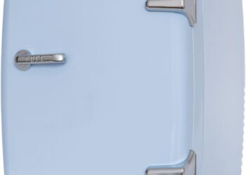 Mini nevera retro azul Flamingueo Nevera Pequeña – Mini Nevera 4L, Nevera 12V/220V, Mini Neveras Para Habitación, Función Frío y Calor, Nevera Cosmeticos, Nevera Skincare con asa cromada y diseño compacto.