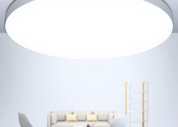 OUILA Plafon LED Techo, 24W 2000LM 6500K Lampara Techo, IP44 Ø28cm Plafones para Techo Led Lampara Led Techo Dormitorio Cocina Pasillo Baño Sala plafón LED redondo iluminando salón minimalista con sofá y butacas