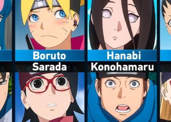Cartel con retratos de personajes como Boruto, Sarada, Hanabi y Konohamaru que destaca Las parejas más impactantes de Boruto que no te puedes perder