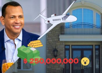 Persona sonriente frente a mansión, jet privado, montones de dinero y barras de oro con cifra $250,000,000 5bf9Ttn6R6o