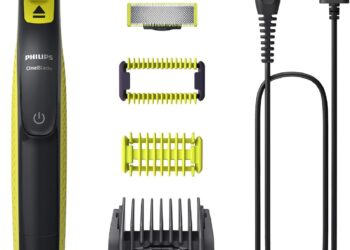 Philips OneBlade, Auténtica Recortadora de Barba y Corporal, Afeitadora Eléctrica Hombre, Depilación masculina, 3 Cuchillas, 5 Longitudes, Kit para Cuerpo, En Seco y Húmedo, Recargable, QP2824/30 con cuchillas de recambio, peines guía y cable USB visibles