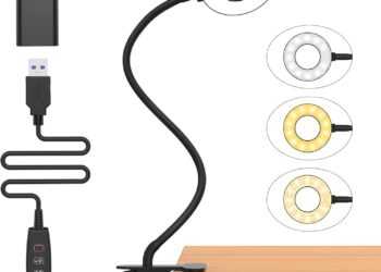 Lámpara de sobremesa con pinza y cuello flexible iZELL 23 LED Luz Lectura con Clip [3 Colores y 10 Brillos] Flexo LED Escritorio con Pinza 99.99% Bloqueo de Luz Azul Lámparas de Escritorio, Lámpara Mesa pare Estudio Trabajo Leer(Adaptador Incluido) mostrando cabeza circular LED, control en cable y adaptador USB.