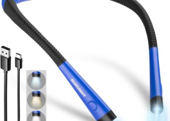 Glocusent Luz de Lectura, Lampara Libro de Lectura Recargable, 3 Colores, 6 Niveles de Iluminación, Brazos Flexibles, Larga Duración, Perfecto para Leer, Tejer, Acampar, Reparar lámpara de cuello azul con dos cabezales LED, cable USB tipo C y botones de control.