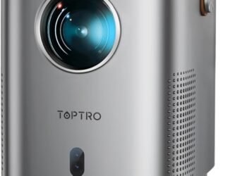 Proyector Portátil WiFi Bluetooth, 13000 Lúmenes TOPTRO Mini Proyector Soporte 1080P Full HD, Proyector LED Cine En Casa para Movil/TV Stick/HDMI/USB/PC con Enfoque Eléctrico, 4P&4D Corrección, Zoom, carcasa metálica plateada con lente frontal y asa de cuero