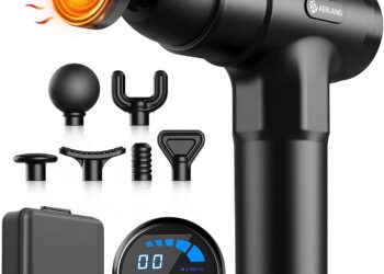 AERLANG Pistola de Masaje muscular con Calor Masajeador Muscular Profundo,LED,Massage Gun 20 Segmentos Ajustable y 7 Cabezales de Masaje,Masajeador Cervical y Espalda Regalos para Mujer&Hombre negro con cabezales intercambiables y pantalla LED