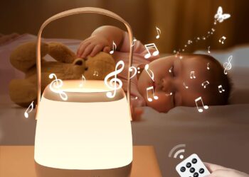 One Fire Luz Nocturna Infantil+12 Ruido Blanco Bebe, 16 Colores Lampara LED Recargable Luz Nocturna Infantil Portátil, Remoto+Regulable+USB Lamparas De Mesita De Noche,Lampara Bebe Noche Lampara LED lámpara nocturna LED portátil con asa, mando y notas musicales junto a bebé dormido