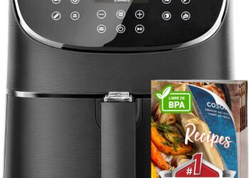 Freidora negra con pantalla LED y panel táctil, COSORI Freidora de Aire Duradera 5.5BPL Air Fryer 1700W, Tecnología Rapid Air, 55% Menos Energía, 13 Automáticos Modos, Uso Sencillo, Panel Táctil Intuitivo, Acero Inox Interior, Hasta 205 °C y 60 Min