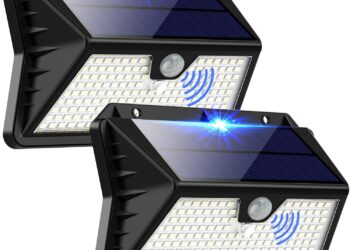 OUILA Luz Solar Exterior, 185 LED 3 Modos Luces Solares con Sensor Jardin de Movimiento, Foco Solar Exterior IP65 Impermeable para Jardín, Garaje, Calle, Patio, Puertas(2-Paquete Blanco Frío) lámparas solares LED con sensor de movimiento y panel solar integrado.