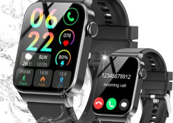 VKROBAG Reloj Inteligente Hombre Mujer, 1.85″ HD Smartwatch con Llamadas Bluetooth, Monitor de Ritmo Cardíaco y Sueño, 110+ Modos Deportivos, Impermeable IP68 Pulsera Actividad iOS Android mostrando dos relojes negros con pantalla táctil a color que presentan llamada entrante, indicadores de ritmo cardíaco, pasos y salpicaduras de agua.