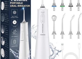 Irrigador Bucal Portatil, Vimmk Irrigador Dental Inalámbrico Profesional 8 Boquillas 5 Modos, IPX7 Impermeable 300ML USB-C Recargable Para Limpieza Dientes, Para el Hogar y los Viajes (Blanco) irrigador oral compacto con accesorios