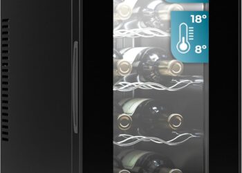 Vinoteca compacta negra con puerta de cristal y estantes para botellas, Cecotec Vinoteca 8 Botellas Bolero Grandsommelier 830 coolcrystal, Enfriamiento termoeléctrico, Temperatura regulable entre 8-18ºC, Control táctil y display, LED interior, Gas no nocivo.