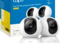Kit de dos cámaras blancas de vigilancia junto a su caja, Tapo C200P2 – Cámara IP WiFi 360° Cámara de Vigilancia FHD 1080p,Visión Nocturna, Notificaciones en Tiempo Real, Admite Tarjeta SD,Detección de Movimiento,Control Remoto,Compatible con Alexa