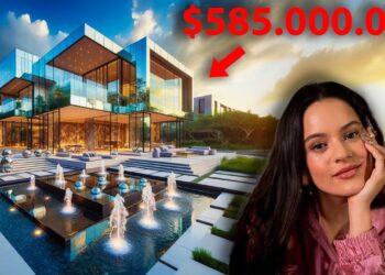 Mansión contemporánea con fachada de cristal, piscinas con fuentes y mujer en primer plano, 7 dy7mkFH8A.