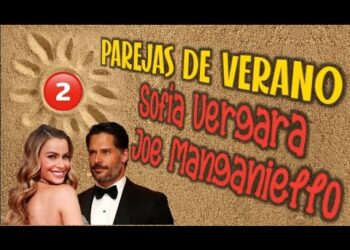 Las parejas de Sofía Vergara: descubre sus romances más icónicos en una miniatura veraniega con fondo de arena, texto llamativo y retratos de pareja.