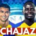 Dos futbolistas con uniformes amarillo y azul frente a un fondo de estadio iluminado y la gran palabra FICHAJAZO en primer plano.