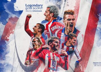 Collage artístico de un futbolista con la camiseta rojiblanca del Atlético de Madrid celebrando goles