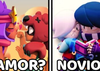 Imagen dividida con dos parejas de personajes de Brawl Stars en escenas románticas y tiernas, Parejas de Brawl Stars: descubre los mejores ships del juego.