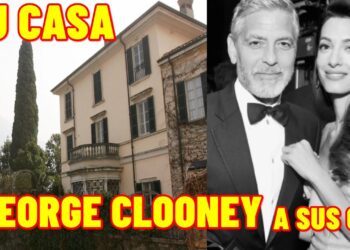Casa señorial frente al lago con ciprés y una pareja en fotografía en blanco y negro; descubre dónde vive la pareja y su lujosa mansión en Italia