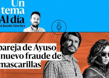 Portada de podcast con titular sobre la pareja de una política y el nuevo fraude de las mascarillas, retratos en blanco y negro de un hombre y una mujer sobre fondo azul y naranja