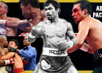 Collage de boxeo mostrando a un púgil en el centro con guantes y escenas de combates intensos alrededor.