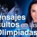 Mujer sonriente frente a un micrófono con el texto 'Mensajes ocultos en las Olimpiadas' y un fondo azul con un caballo y anillos olímpicos