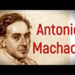 Retrato a lápiz de un poeta con tipografía roja, estilo clásico y tonos sepia