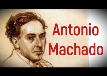 Retrato a lápiz de un poeta con tipografía roja, estilo clásico y tonos sepia