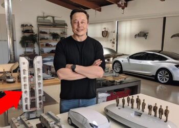 Hombre en un taller moderno junto a maquetas de cohetes, prototipos y un coche eléctrico en el garaje