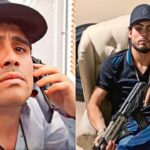 Hombres jóvenes en actitud desafiante, uno con rifle y otro hablando por teléfono, imagen que evoca Hijos del Chapo: secretos, lujos y poder en el narcotráfico