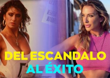 Retrato comparativo de una cantante de los años 80 y su versión actual junto al mar con la frase llamativa 'DEL ESCÁNDALO AL ÉXITO'.