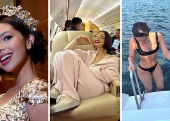Tres fotografías de una joven artista en vestido de gala con tiara, relajada en un avión privado y en traje de baño: ¿Cuánto dinero tiene esta artista? Descubre su fortuna actual