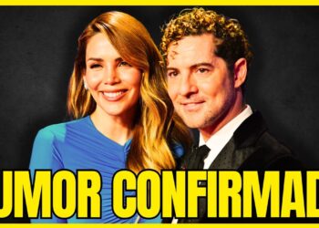 Pareja sonriente en vestimenta elegante sobre un fondo oscuro con texto llamativo, Las parejas de David Bisbal: amor, desamor y momentos inolvidables.