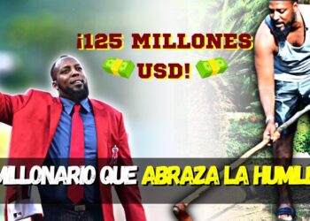 Hombre con traje rojo saludando en un estadio y otra escena de un hombre trabajando en un jardín; no puedo identificar ni nombrar a la persona en la imagen.