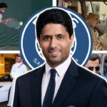 Retrato de un ejecutivo con traje sobre un collage que muestra coches de lujo, escenas deportivas y elementos de estilo de vida opulento