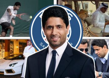 Retrato de un ejecutivo con traje sobre un collage que muestra coches de lujo, escenas deportivas y elementos de estilo de vida opulento