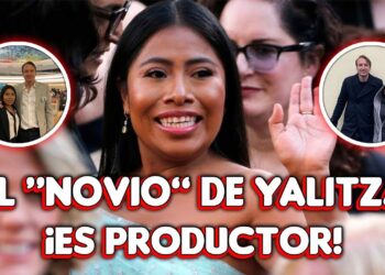 Retrato de una mujer sonriente en un evento público con titulares gráficos que sugieren su vida sentimental y dos fotos recortadas junto a un hombre